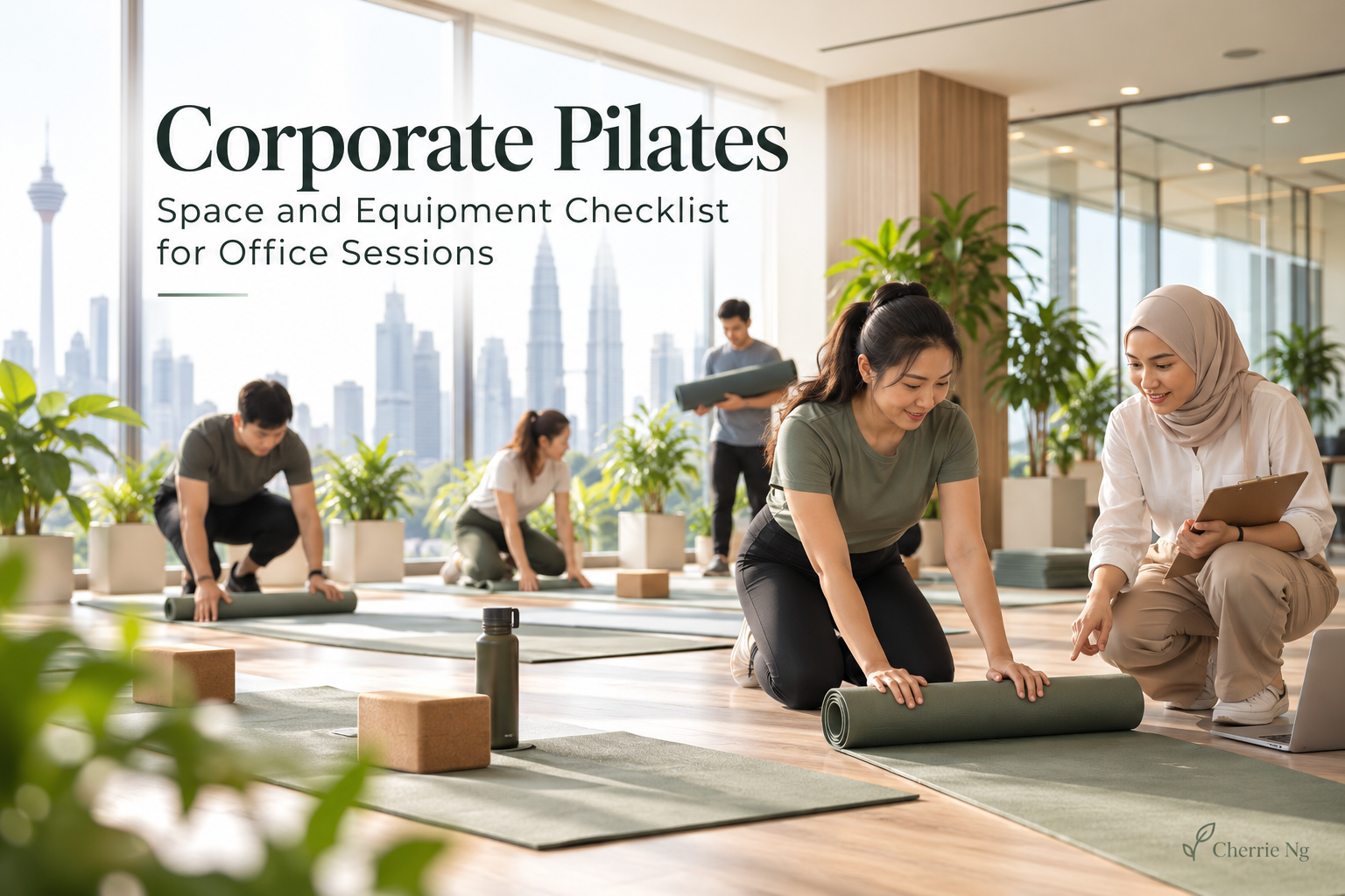 Office team preparing yoga mats for a corporate Pilates session in Kuala Lumpur