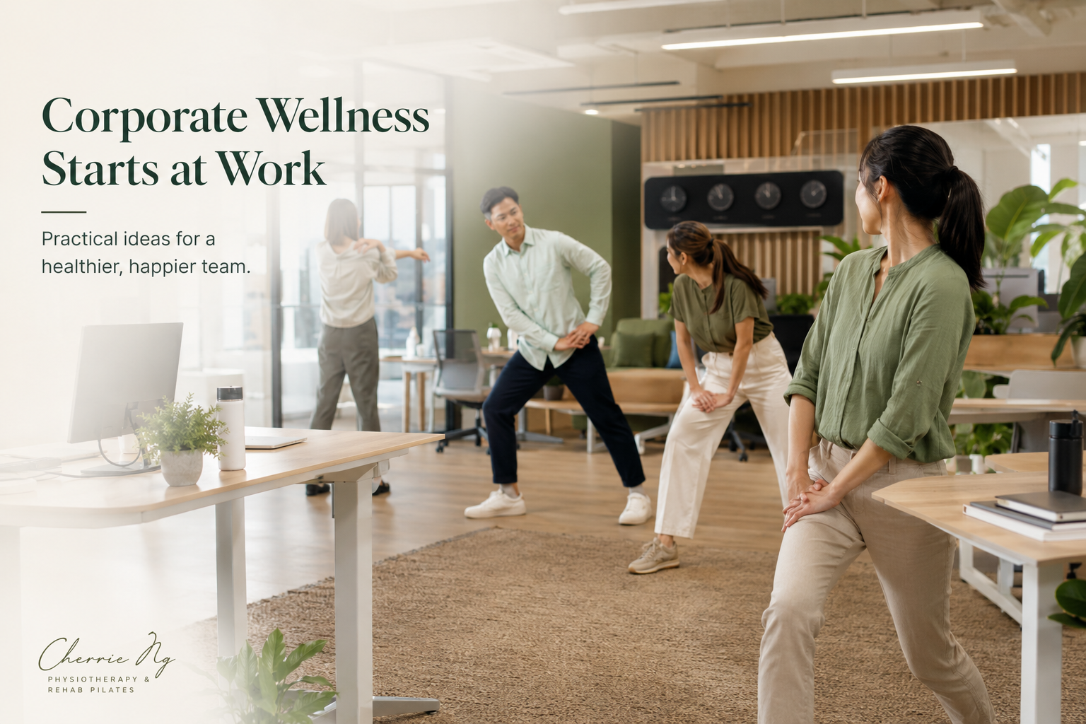 Physiotherapist leading a Malaysian office team through a comfortable workplace movement session