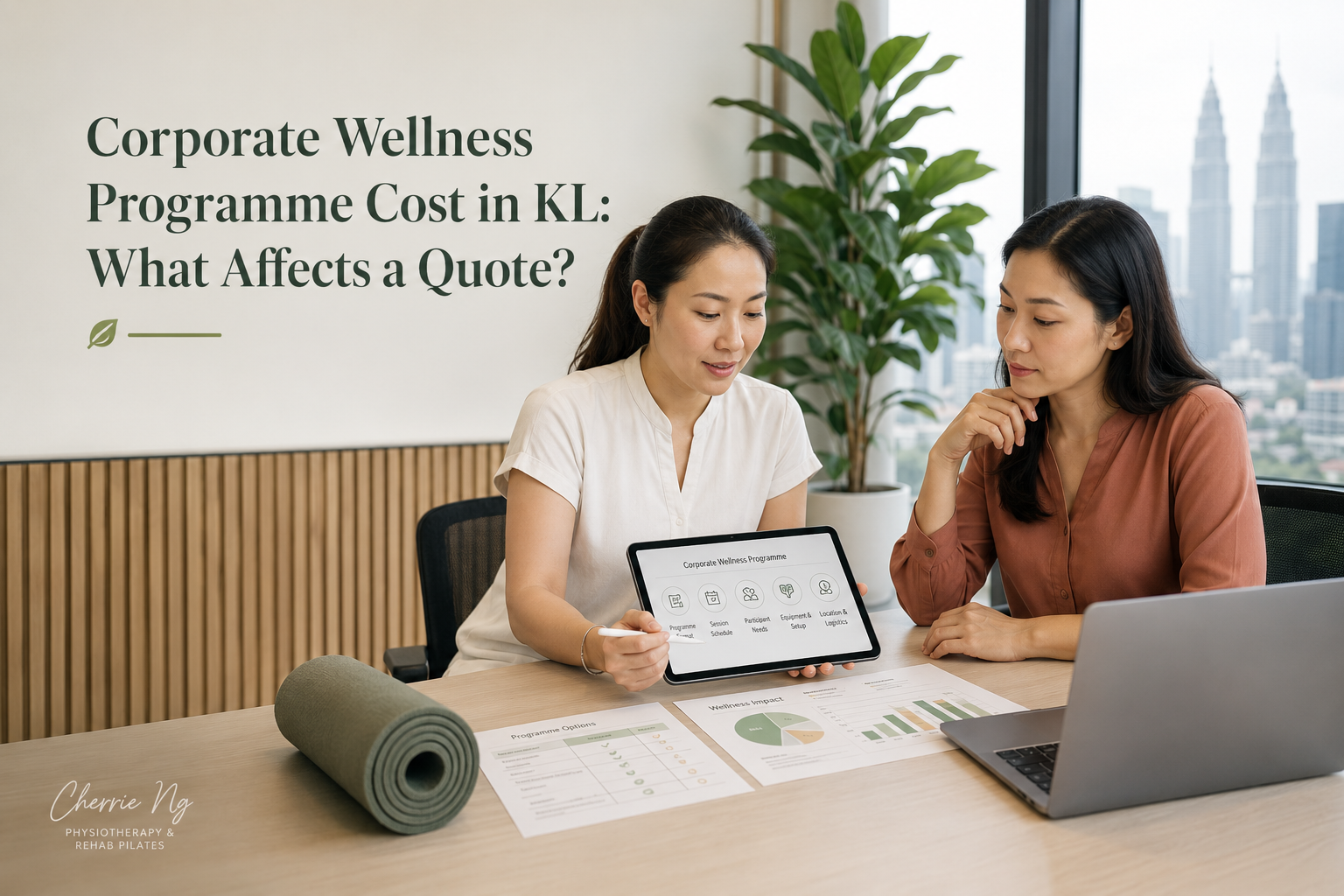 Physiotherapist and HR manager reviewing the scope for a corporate wellness programme in a Kuala Lumpur office
