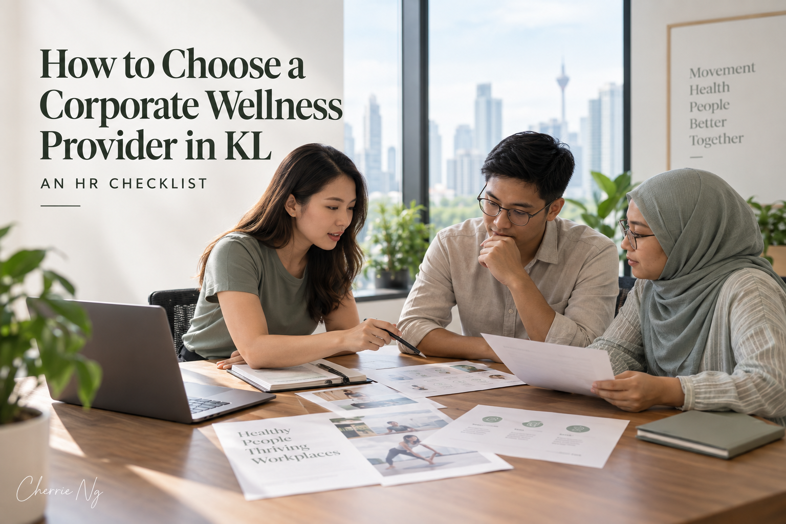 Physiotherapist and HR representatives comparing a corporate wellness workshop plan in a Kuala Lumpur office