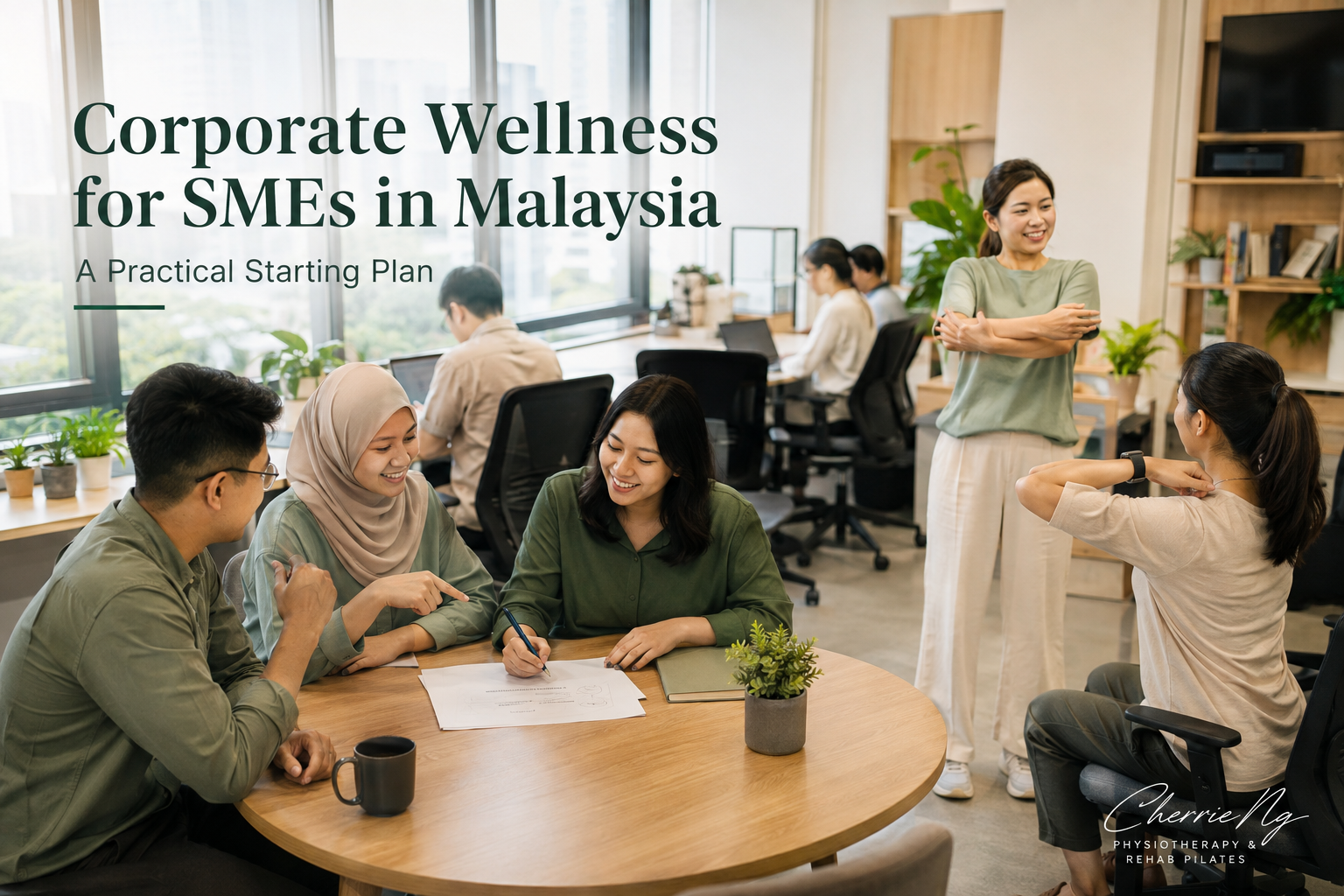 Small Malaysian business team planning a simple workplace wellness activity in a compact office