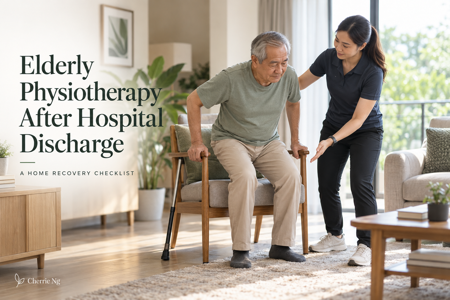 Older Malaysian man practising a supervised sit-to-stand with a female physiotherapist in his living room