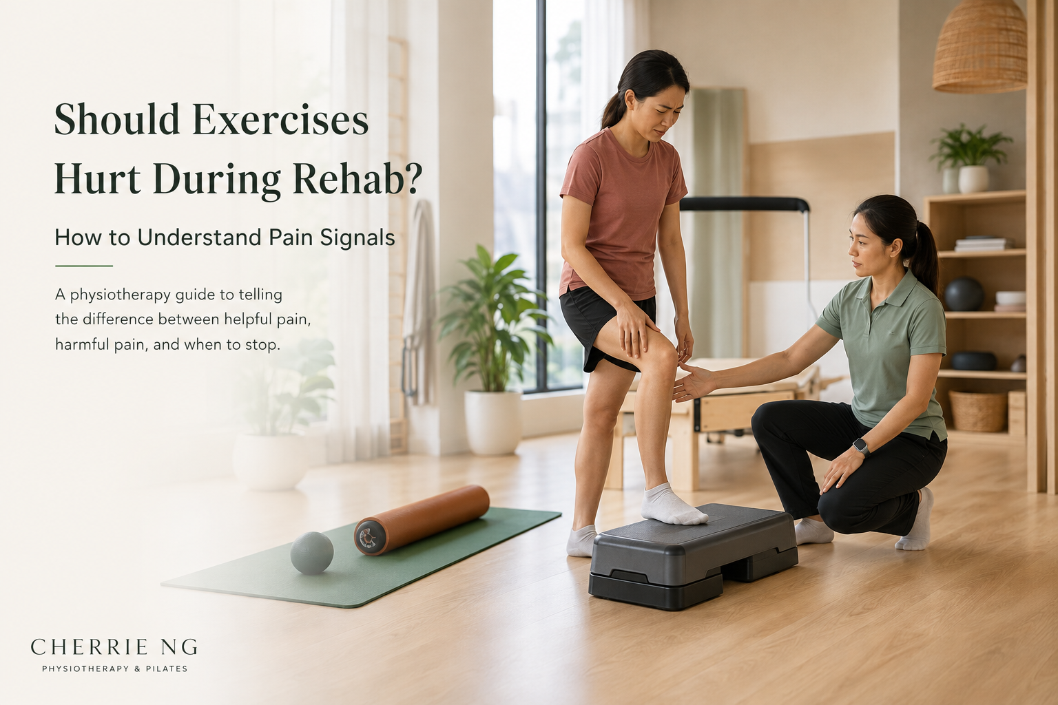 Physiotherapist pausing to check a patient's knee symptoms during a controlled step-up rehabilitation exercise