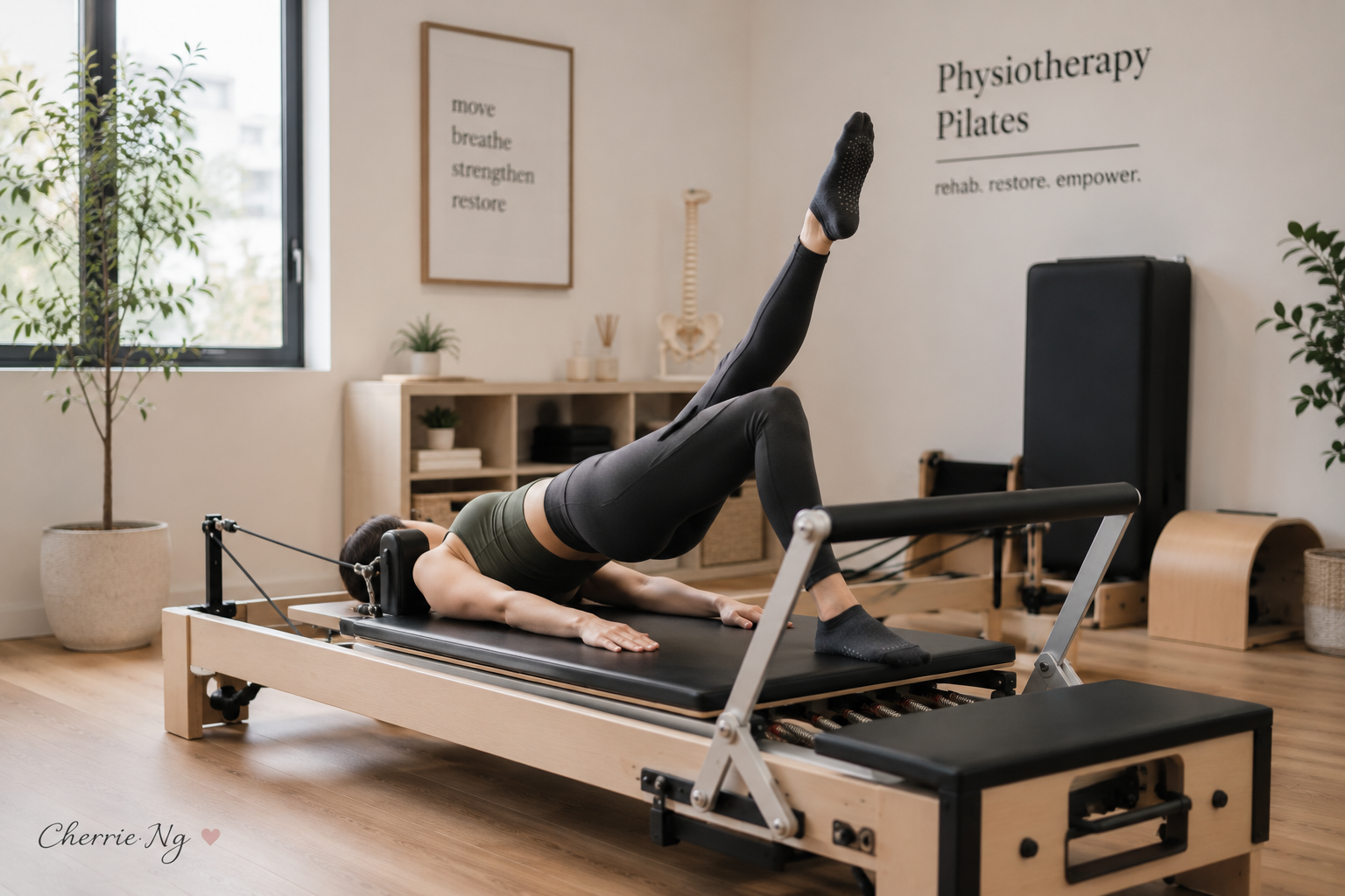 Person performing a single-leg bridge exercise on a Pilates reformer