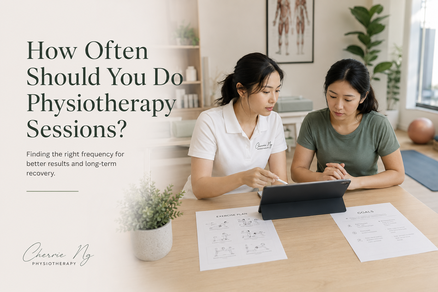 Physiotherapist and patient planning spaced follow-up sessions alongside an independent home exercise programme