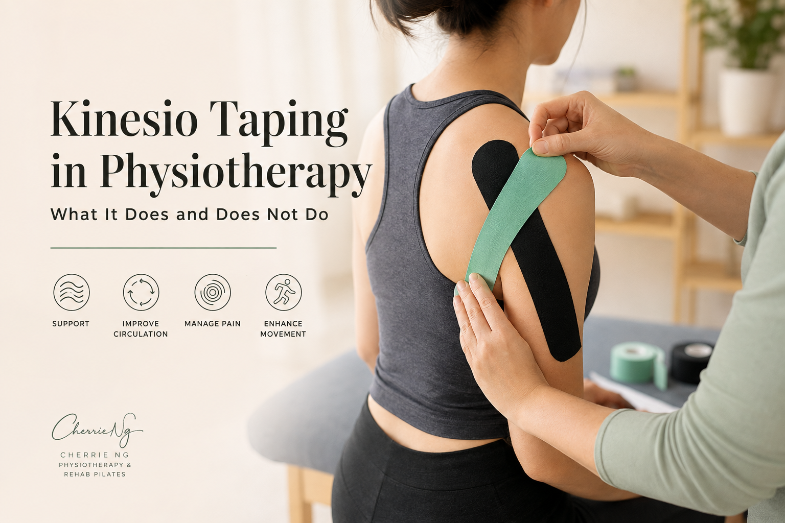 Physiotherapist measuring beige kinesiology tape beside a patient before active shoulder rehabilitation
