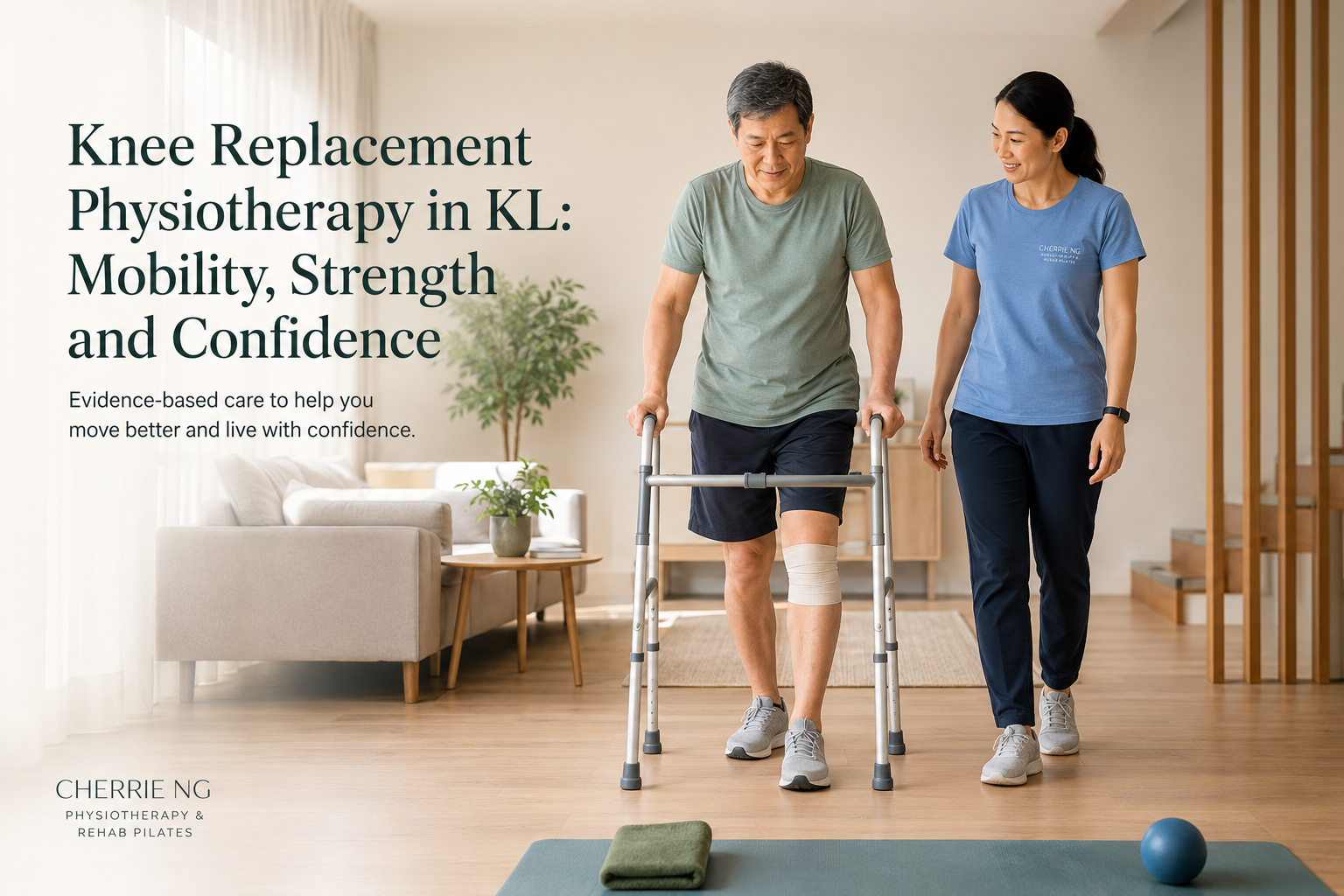 Older woman walking with a wheeled frame after knee replacement while a female physiotherapist observes