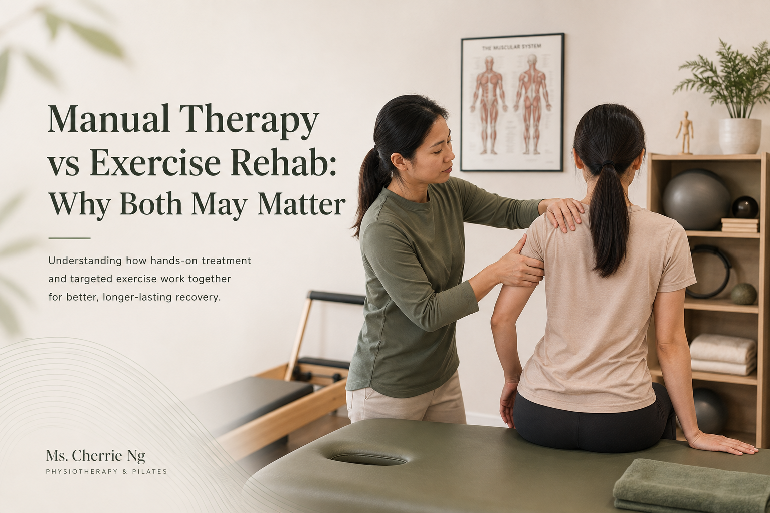 Physiotherapist combining a hands-on shoulder assessment with preparation for resistance-band exercise
