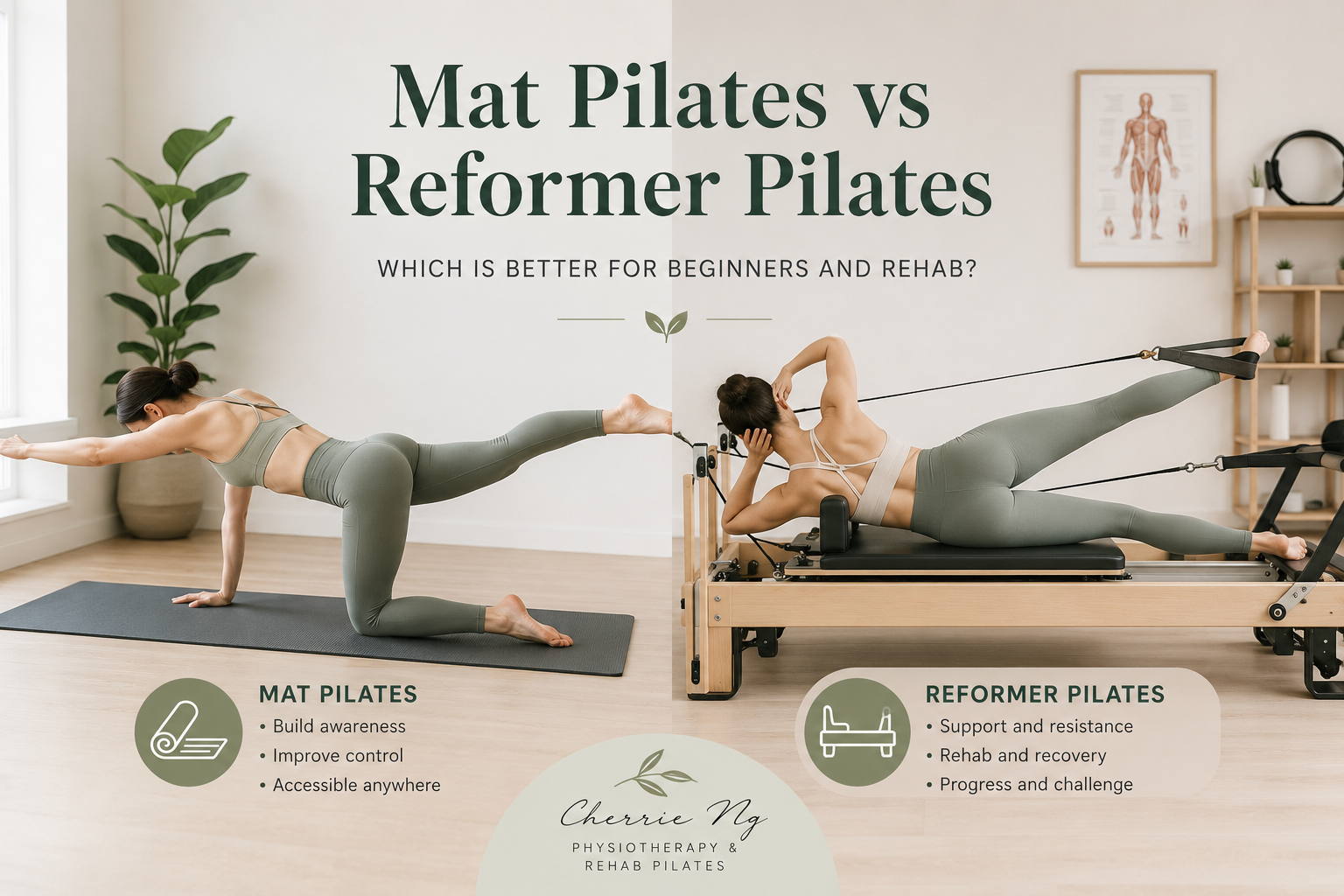 Mat Pilates and reformer Pilates comparison for beginners and rehab