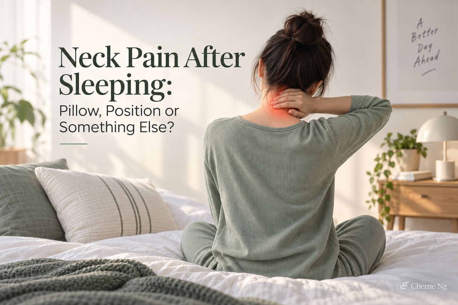 Woman sitting on the edge of her bed in the morning while gently holding a sore neck