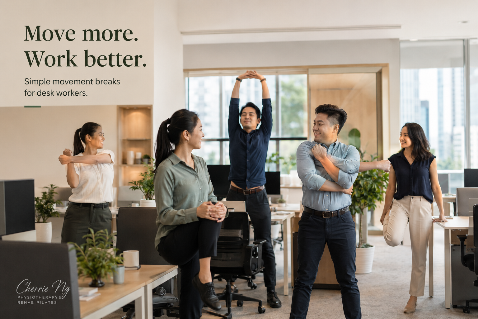 Kuala Lumpur office team taking a gentle guided movement break beside their desks