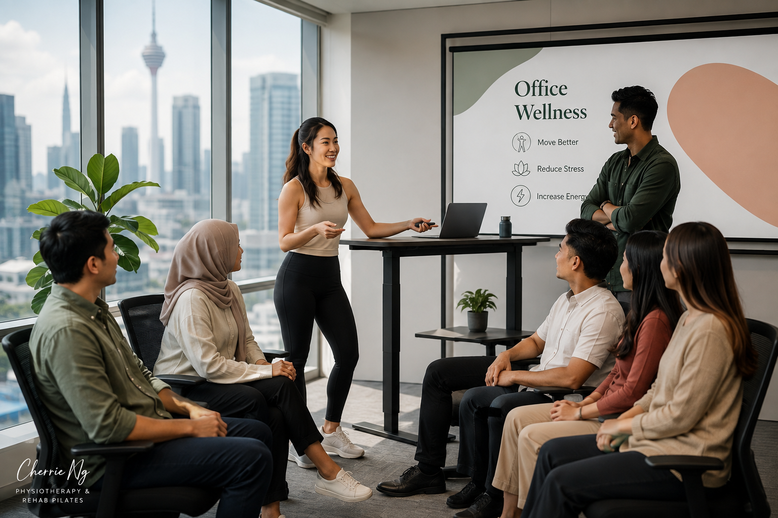 Physiotherapist showing a Malaysian office team how to review an adjustable workstation during a wellness workshop