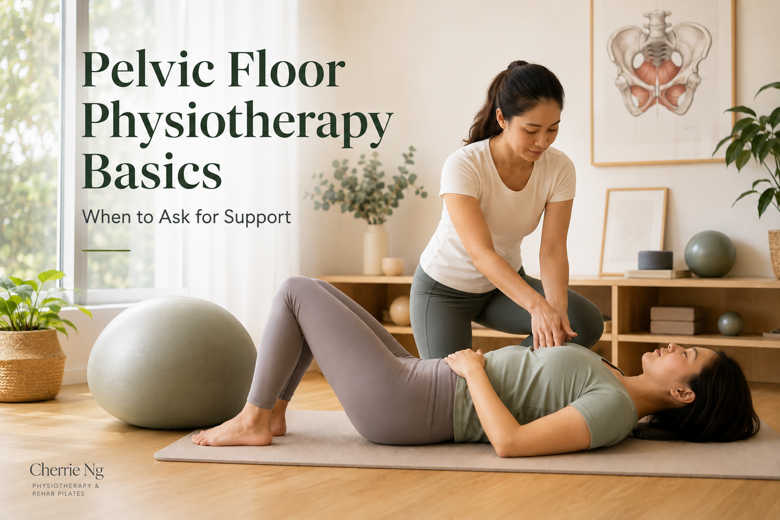 Postnatal woman practising seated breathing coordination with a female physiotherapist in Kuala Lumpur