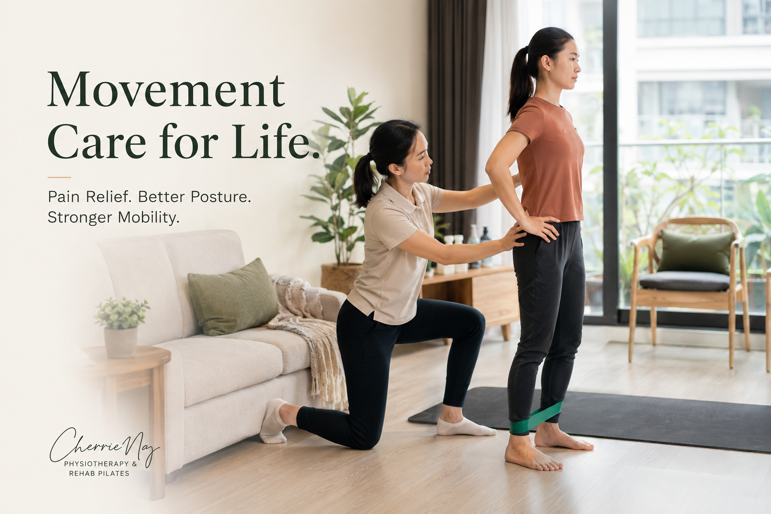 Physiotherapist guiding a standing movement assessment during a Mont Kiara home visit