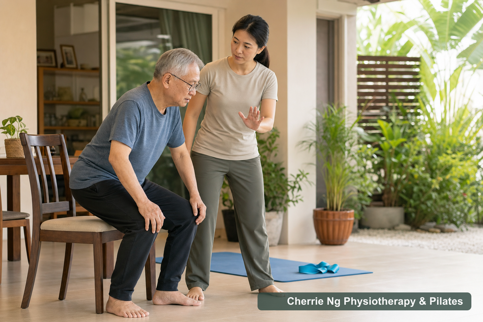 Physiotherapist guiding an older adult through sit-to-stand practice during a Subang home visit