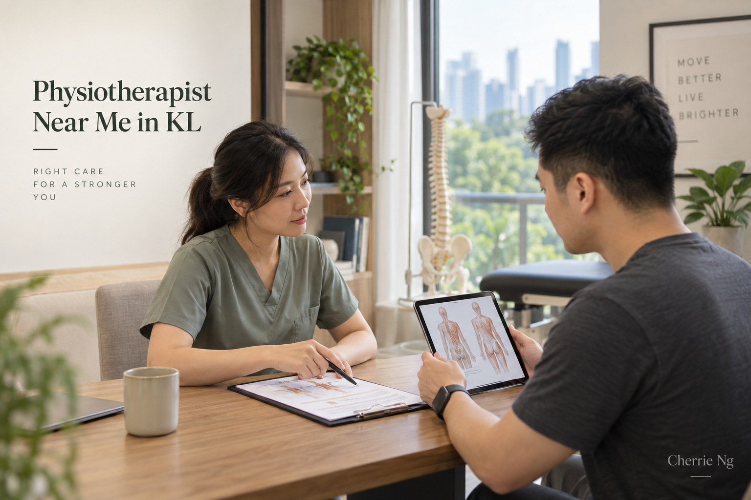 Physiotherapist discussing a nearby home-visit service with a client using a map in Kuala Lumpur