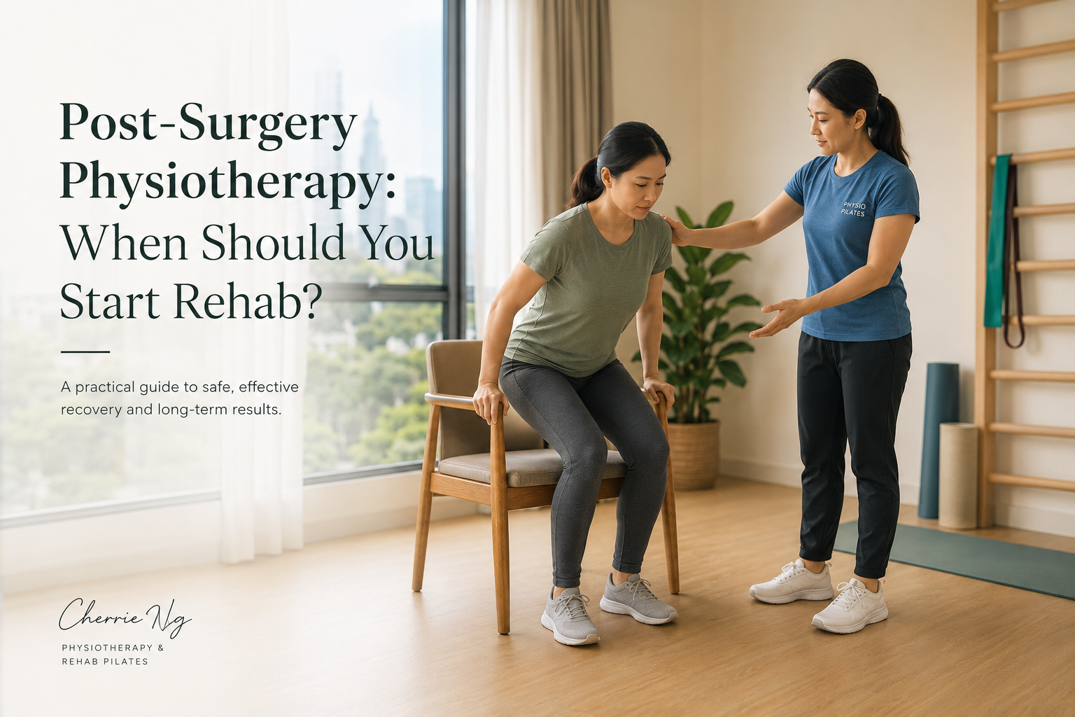 Adult practising a careful sit-to-stand after surgery while a female physiotherapist coaches nearby