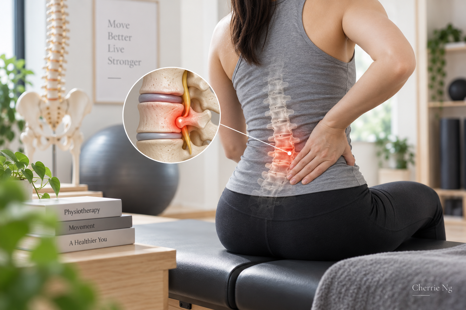 Physiotherapist guiding a controlled sit-to-stand assessment for a client with lower-back concerns in Kuala Lumpur