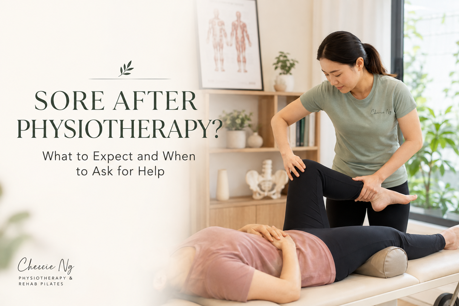 Patient discussing mild thigh soreness and an exercise log with a physiotherapist after a home rehabilitation session