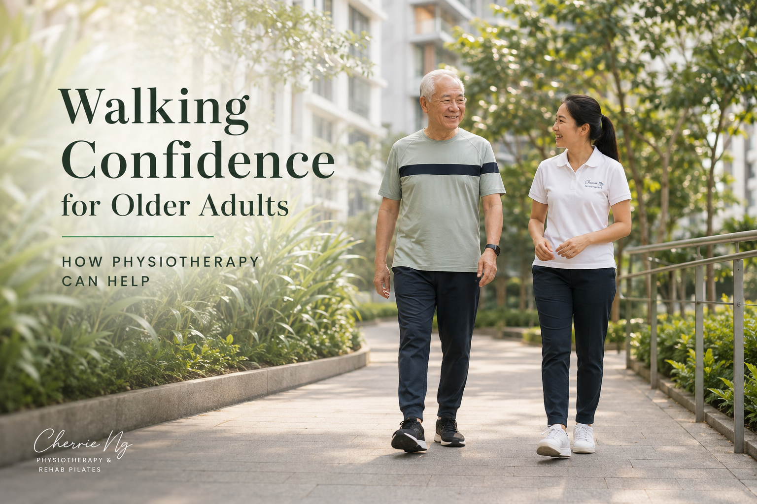 Older man practising outdoor walking while a female physiotherapist observes closely beside him
