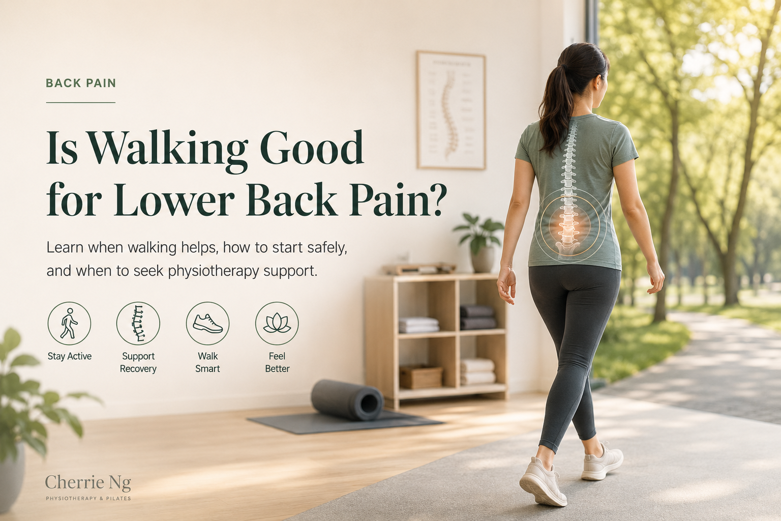 Walking with lower back pain and physiotherapy movement guidance