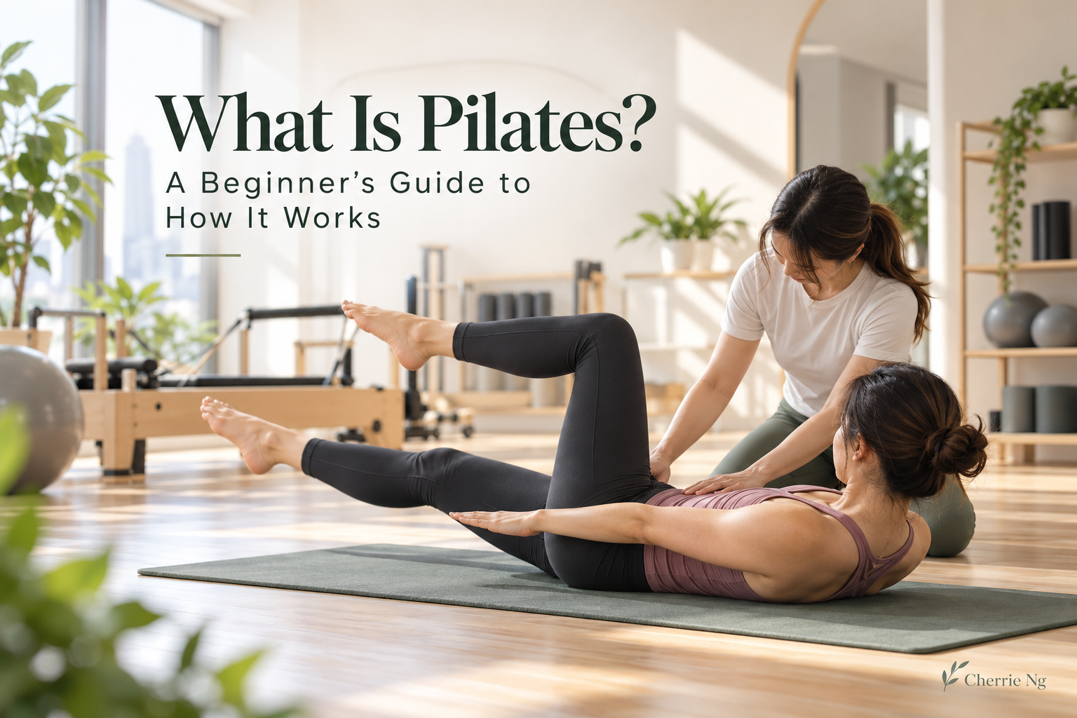 Beginner mat Pilates movement with instructor guidance in a calm studio